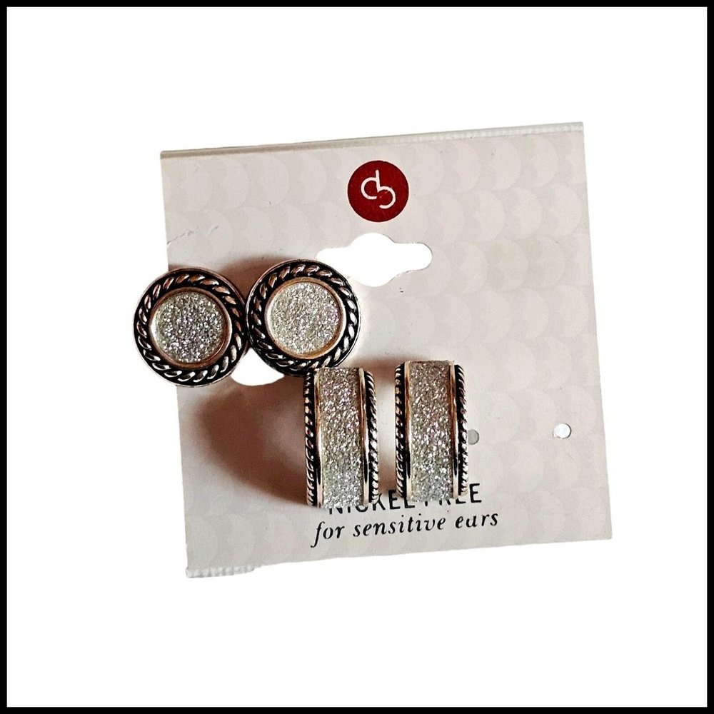 DB Brand 2 Pair Earring Stud Hoops White Sparkle Circle Silver Tone Fun New Gift